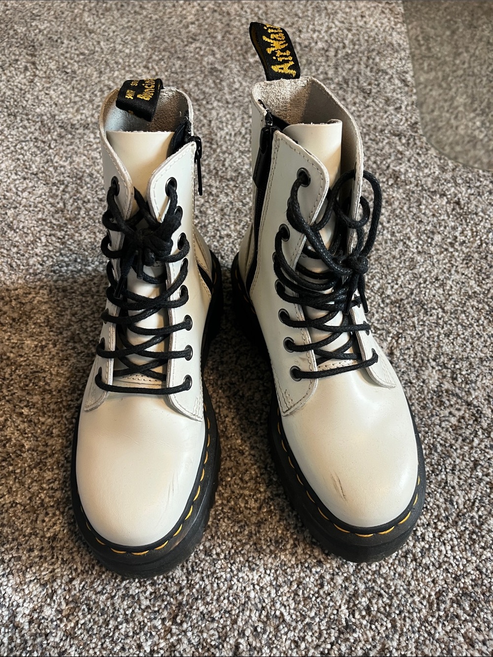 Dr. Martens White Leather Platform Boots with Black Soles